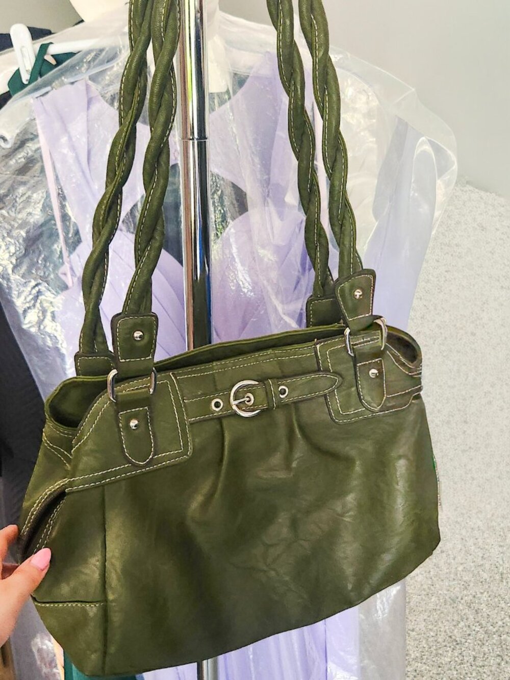 Olive Green Braided Strap Shoulder Bag | Large Tote Purse
